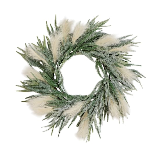 24in. Artificial Balsam Fir Pine and Pampas Wreath with 50 Color Changing LED Lights By Nearly Natural in White | 24" x 5" x 24" | Michaels®